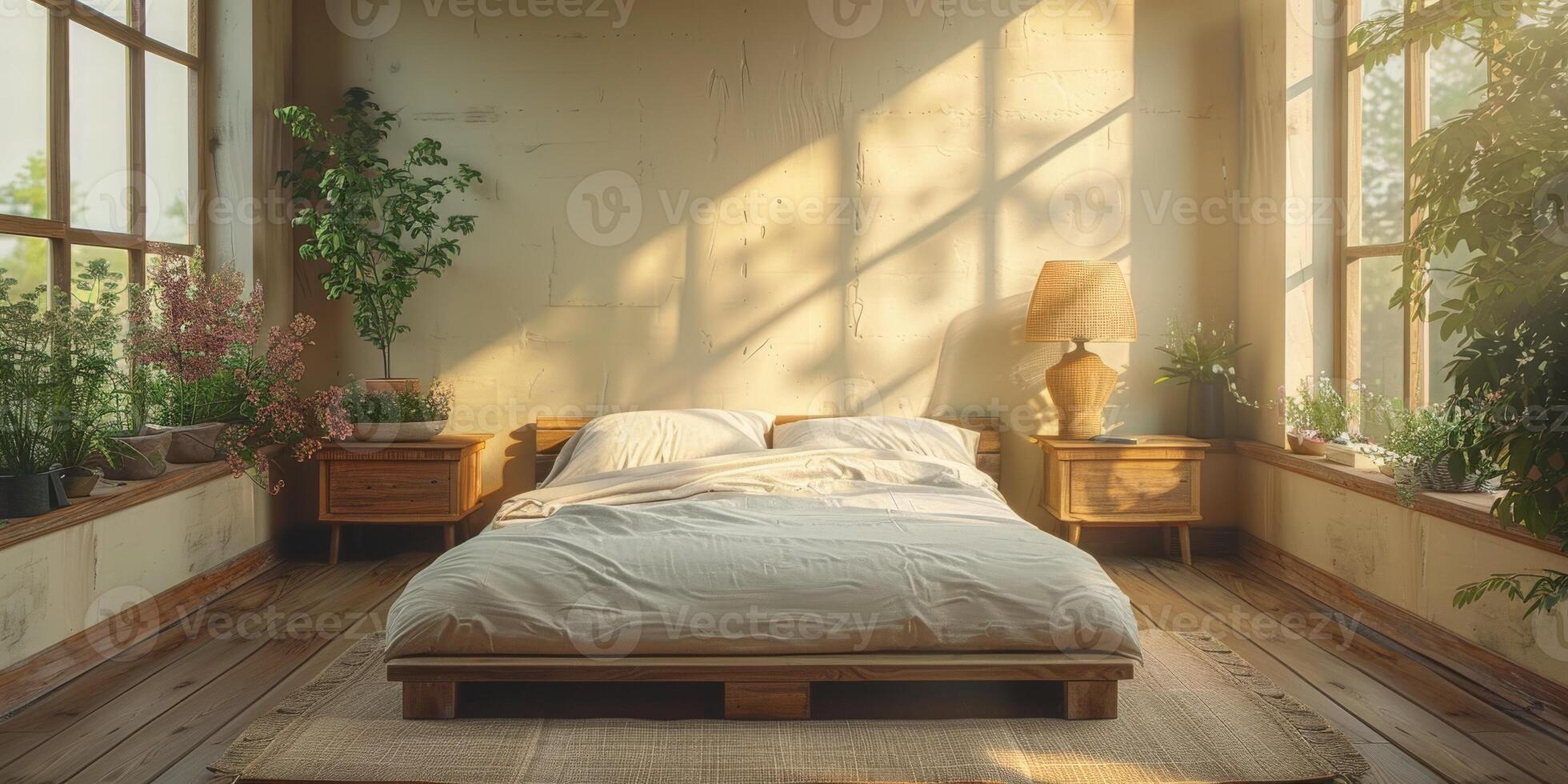 AI Generated Bright and cozy modern bedroom with wooden large bed. smoothing morning light with modern decoration. 3d render photo
