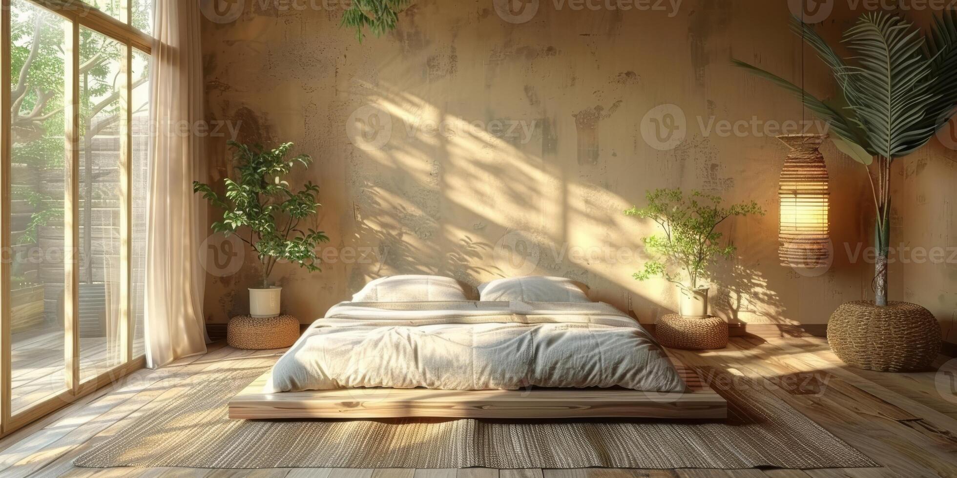 AI Generated Bright and cozy modern bedroom with wooden large bed. smoothing morning light with modern decoration. 3d render photo