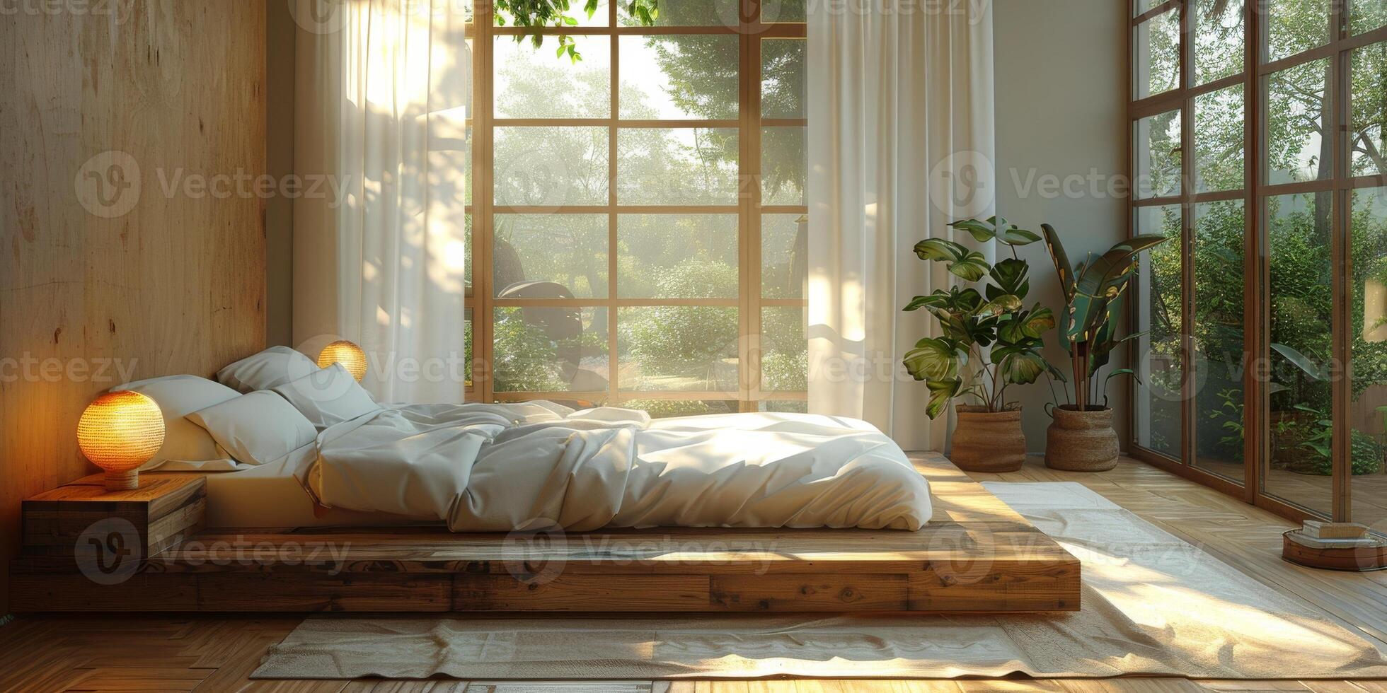 AI Generated Bright and cozy modern bedroom with wooden large bed. smoothing morning light with modern decoration. 3d render photo