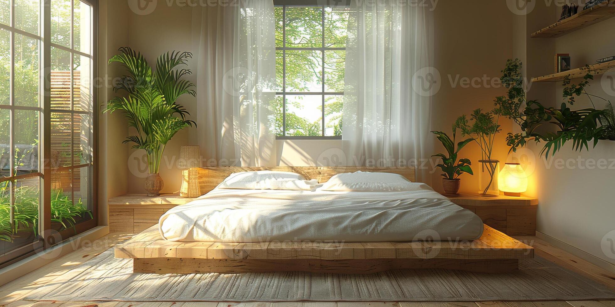 AI Generated Bright and cozy modern bedroom with wooden large bed. smoothing morning light with modern decoration. 3d render photo