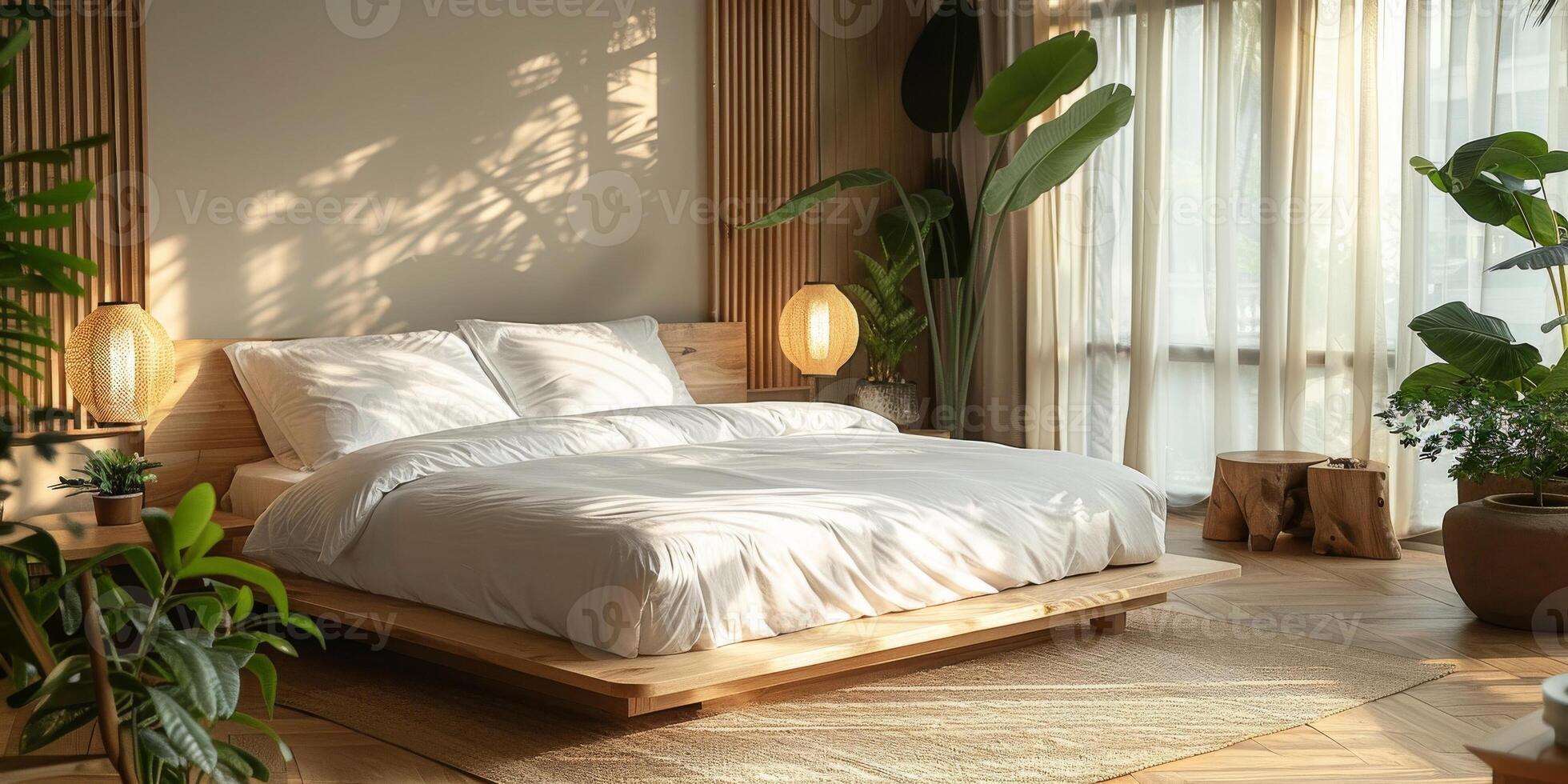 AI Generated Bright and cozy modern bedroom with wooden large bed. smoothing morning light with modern decoration. 3d render photo
