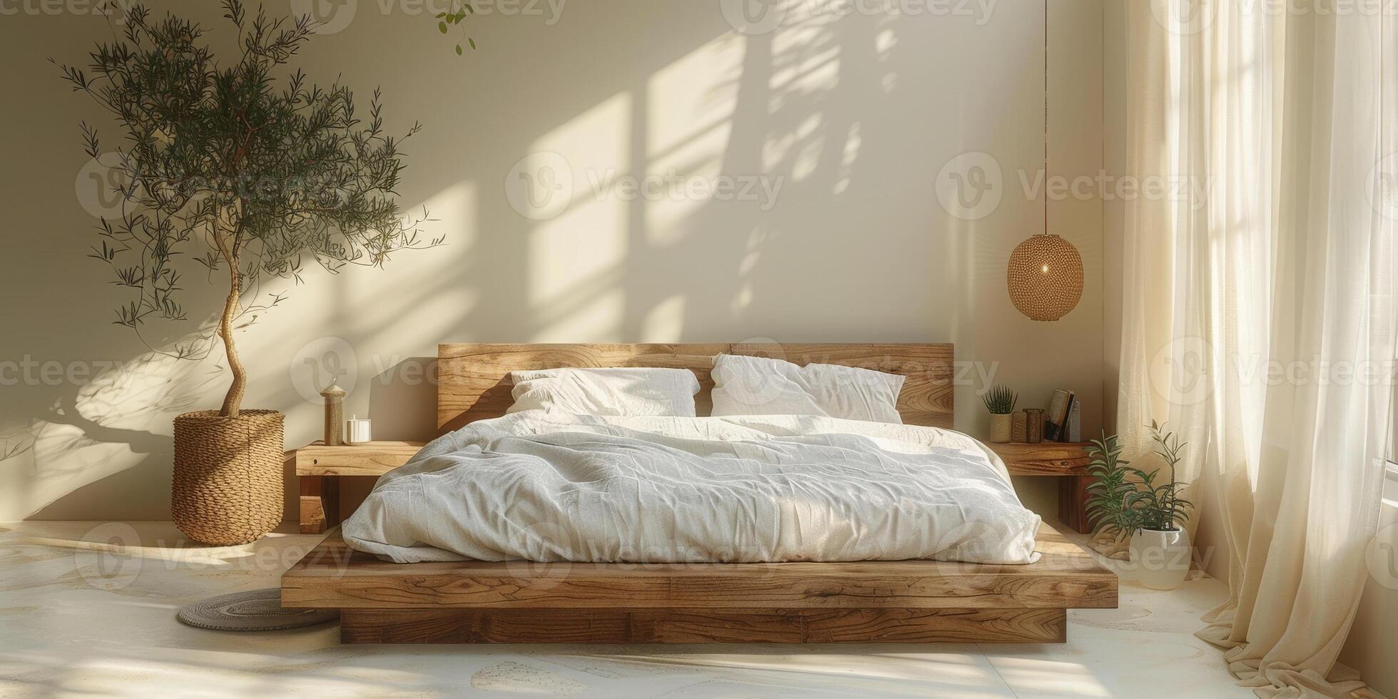 AI Generated Bright and cozy modern bedroom with wooden large bed. smoothing morning light with modern decoration. 3d render photo