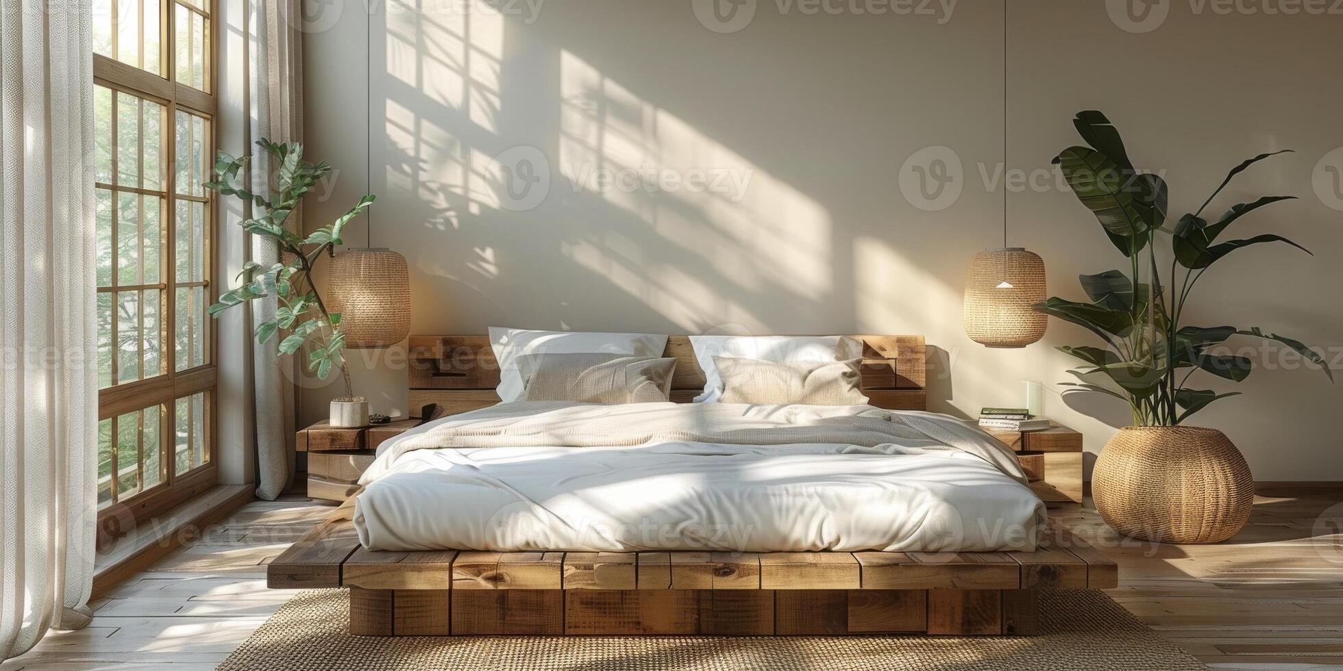 AI Generated Bright and cozy modern bedroom with wooden large bed. smoothing morning light with modern decoration. 3d render photo