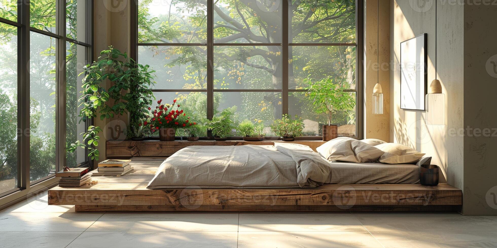 AI Generated Bright and cozy modern bedroom with wooden large bed. smoothing morning light with modern decoration. 3d render photo