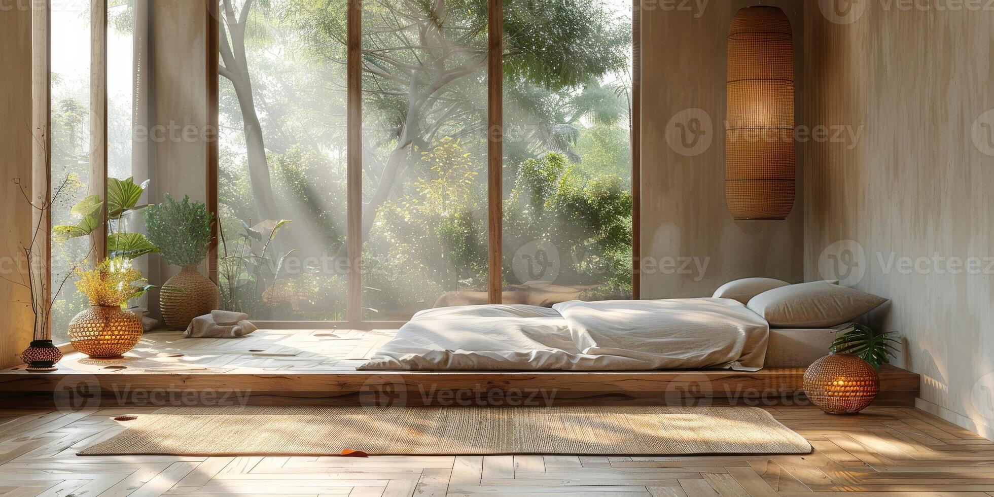 AI Generated Bright and cozy modern bedroom with wooden large bed. smoothing morning light with modern decoration. 3d render photo