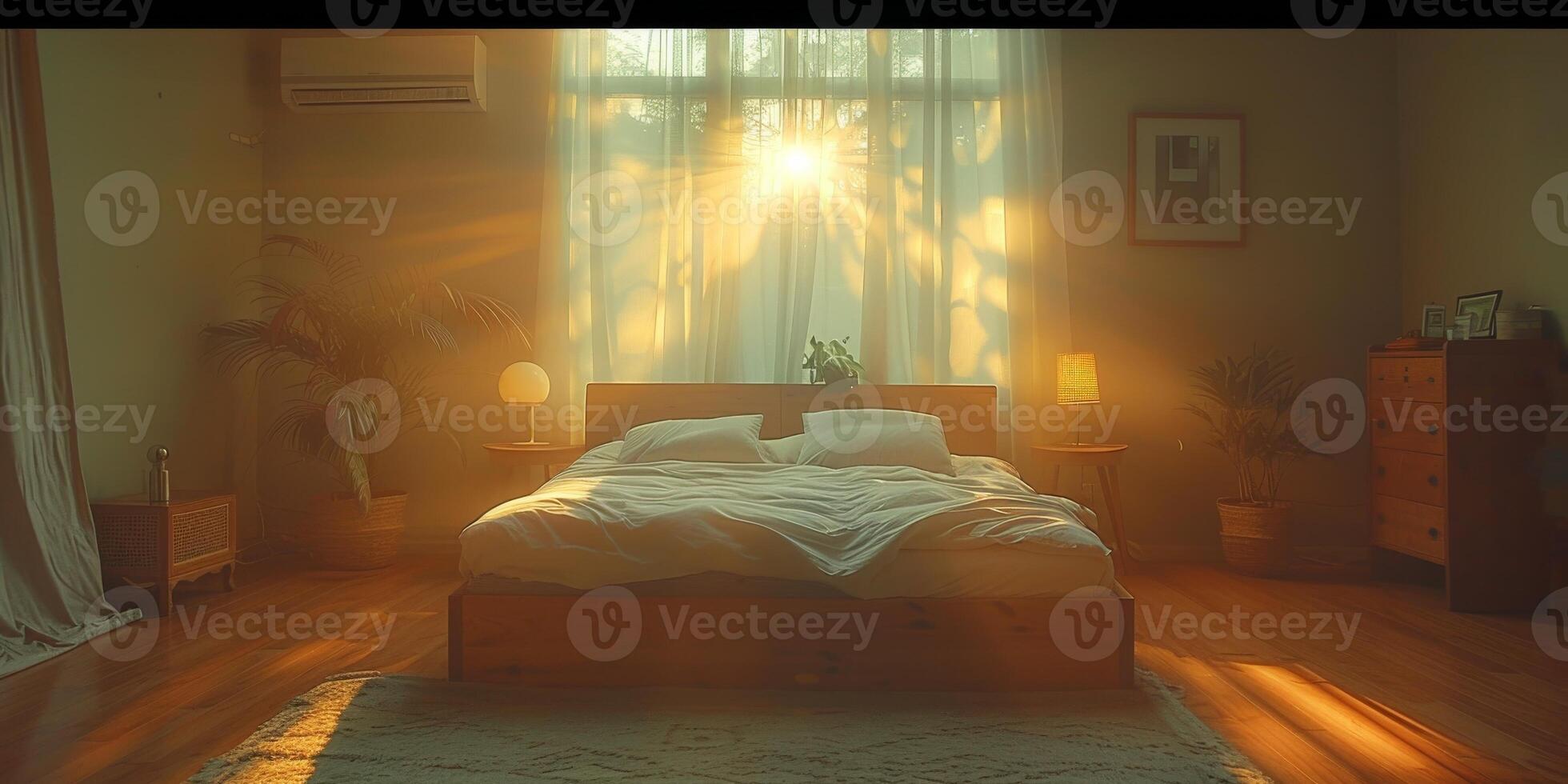 AI Generated Bright and cozy modern bedroom with wooden large bed. smoothing morning light with modern decoration. 3d render photo