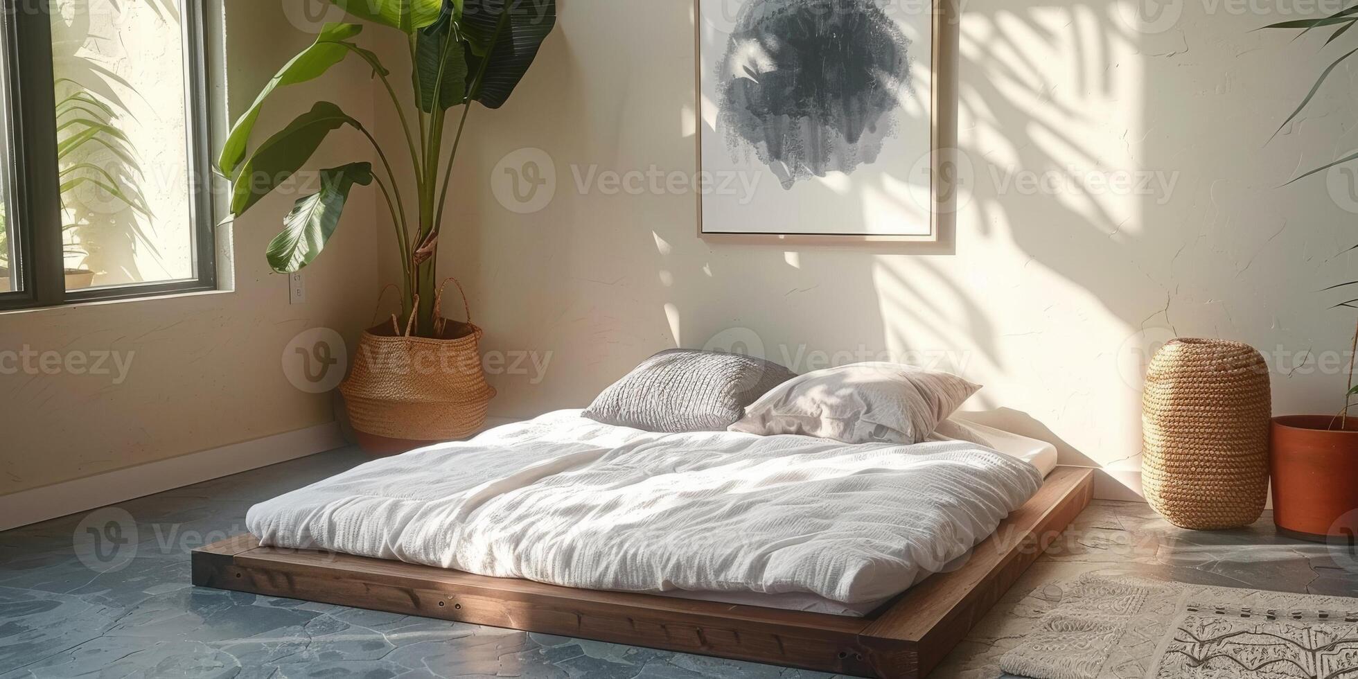 AI Generated Bright and cozy modern bedroom with wooden large bed. smoothing morning light with modern decoration. 3d render photo