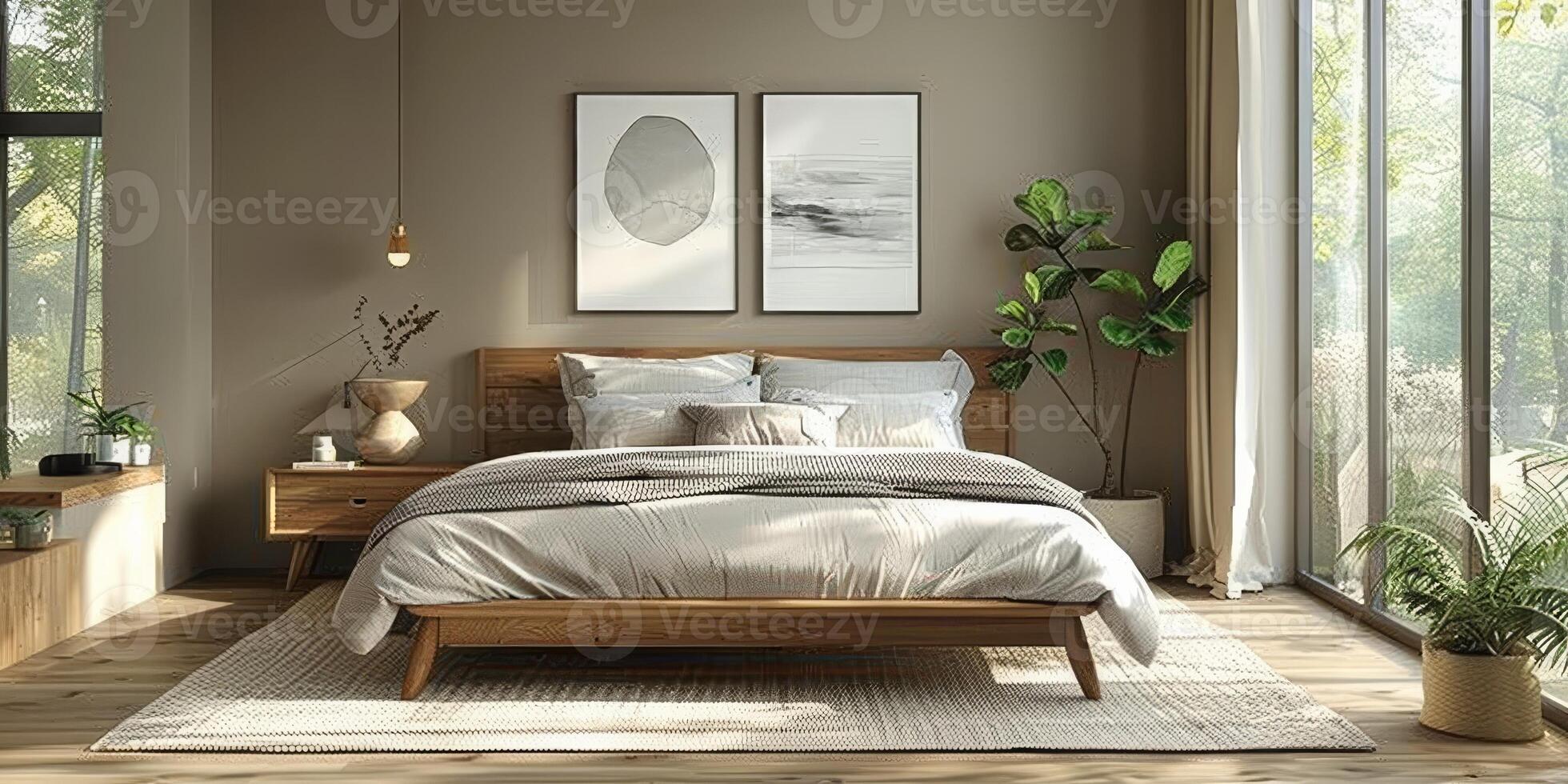 AI Generated Bright and cozy modern bedroom with wooden large bed. smoothing morning light with modern decoration. 3d render photo