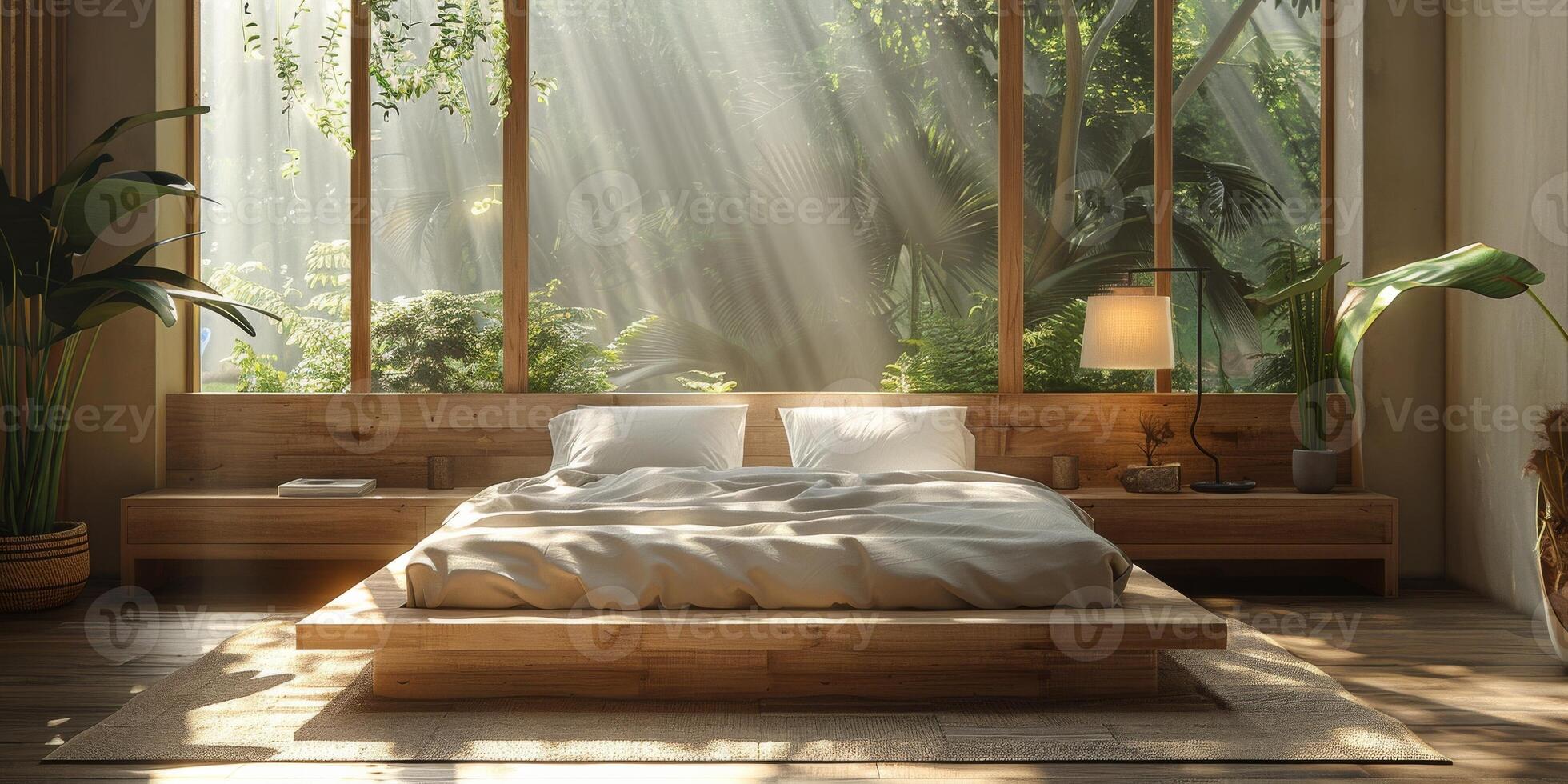 AI Generated Bright and cozy modern bedroom with wooden large bed. smoothing morning light with modern decoration. 3d render photo