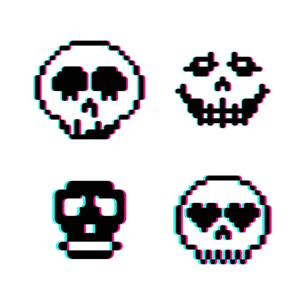 Skull head pixel 8 bit glitch effect illustration vector clip art, t shirt design, sticker collection