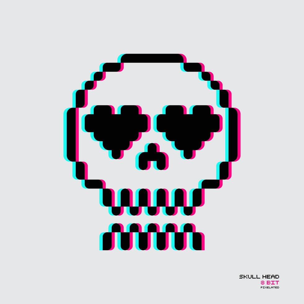 Skull head pixel 8 bit glitch effect illustration vector clip art, t shirt design, sticker editable