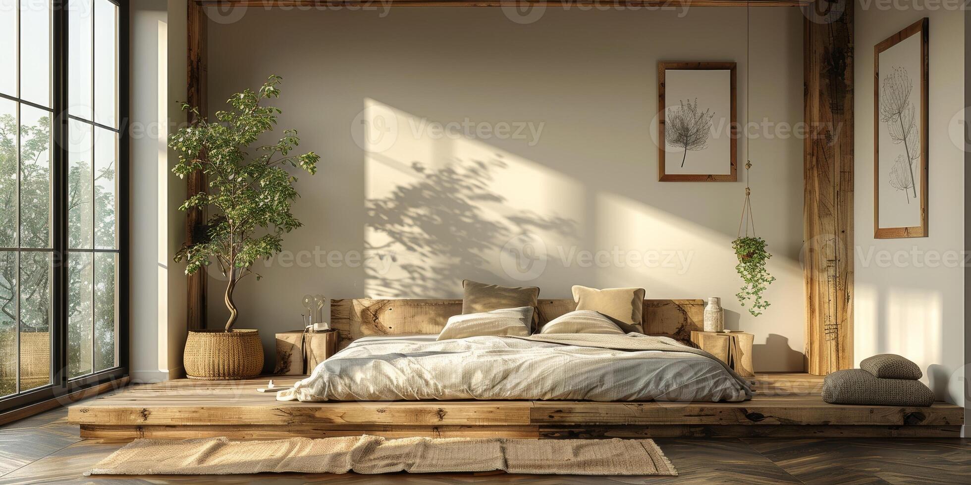 AI Generated Bright and cozy modern bedroom with wooden large bed. smoothing morning light with modern decoration. 3d render photo