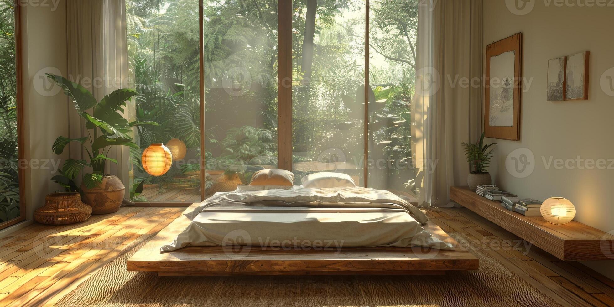 AI Generated Bright and cozy modern bedroom with wooden large bed. smoothing morning light with modern decoration. 3d render photo