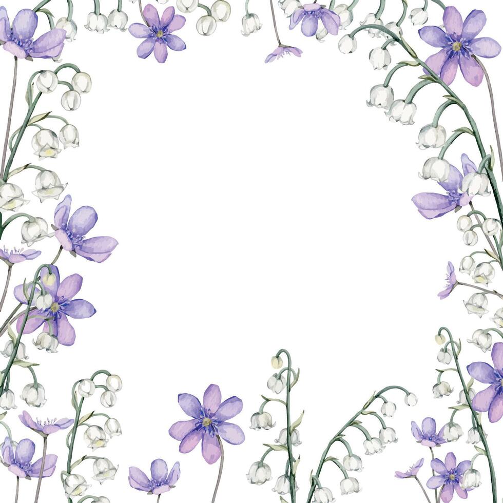 Frame watercolor spring flowers. Coppice, hepatica - first spring flowers. Spring lily of the valley Illustration of delicate lilac flowers. Hand drawn texture with white and violet flowers vector