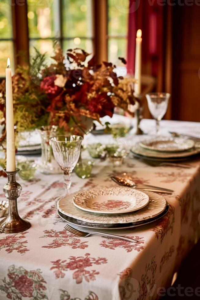 AI generated Autumnal holiday tablescape, formal dinner table setting, classic festive table scape with decoration for wedding party and event celebration, generative ai photo