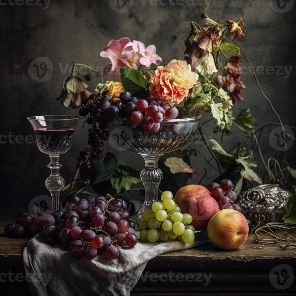AI generated Classic still life with fruits and wine photo