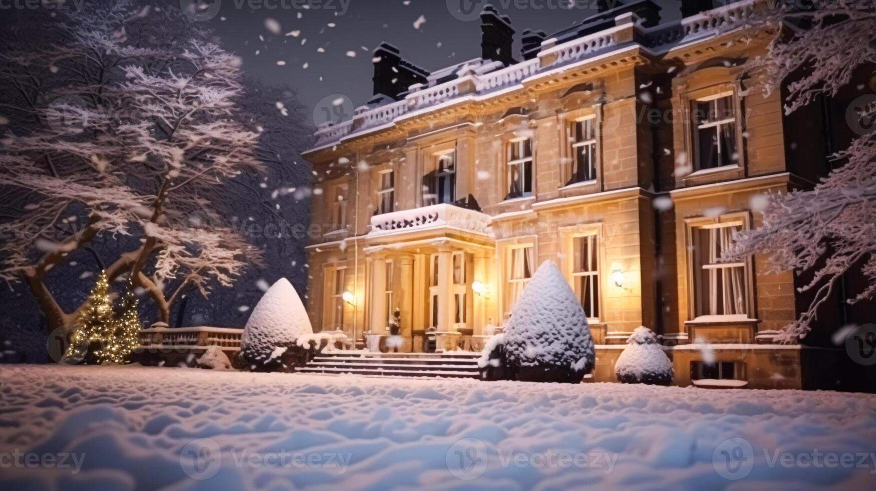 AI generated Christmas in the countryside manor, English country house mansion decorated for holidays on a snowy winter evening with snow and holiday lights, Merry Christmas and Happy Holidays photo