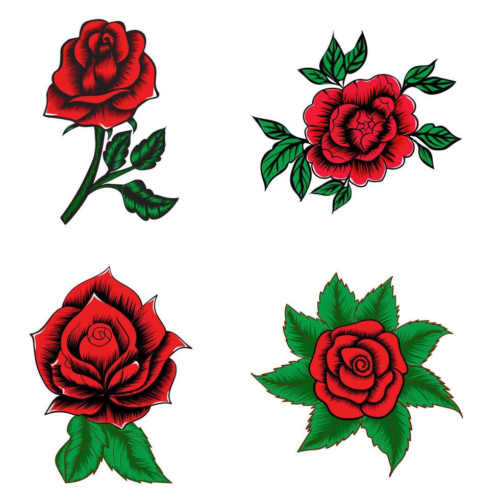 set of red roses with leaves vector art illustration design
