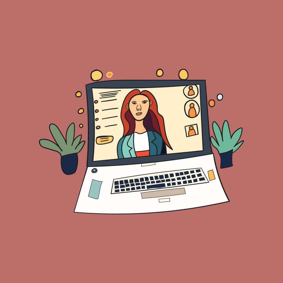 laptop with network online meeting flat vector  illustration