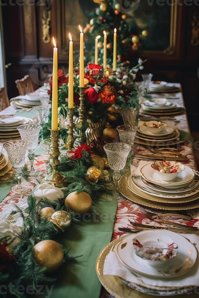 AI generated Christmas table scape, elegant formal dinner table setting, tablescape with holiday decoration for party event celebration, generative ai photo