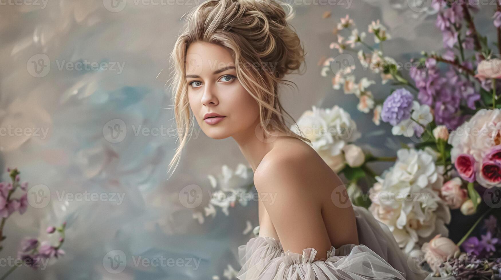 AI generated Graceful woman with pastel flowers, embodying classic beauty, fashion look and hairstyle for skincare cosmetics, hair care, glamour style photo