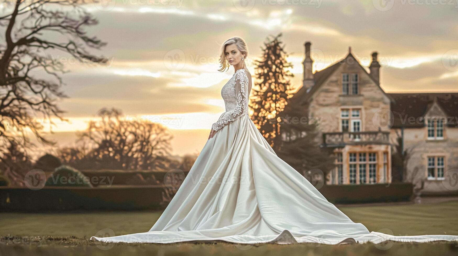 AI generated Bride wearing long satin wedding gown, woman in white bridal dress at the manor, wedding fashion campaign and glamour look photo