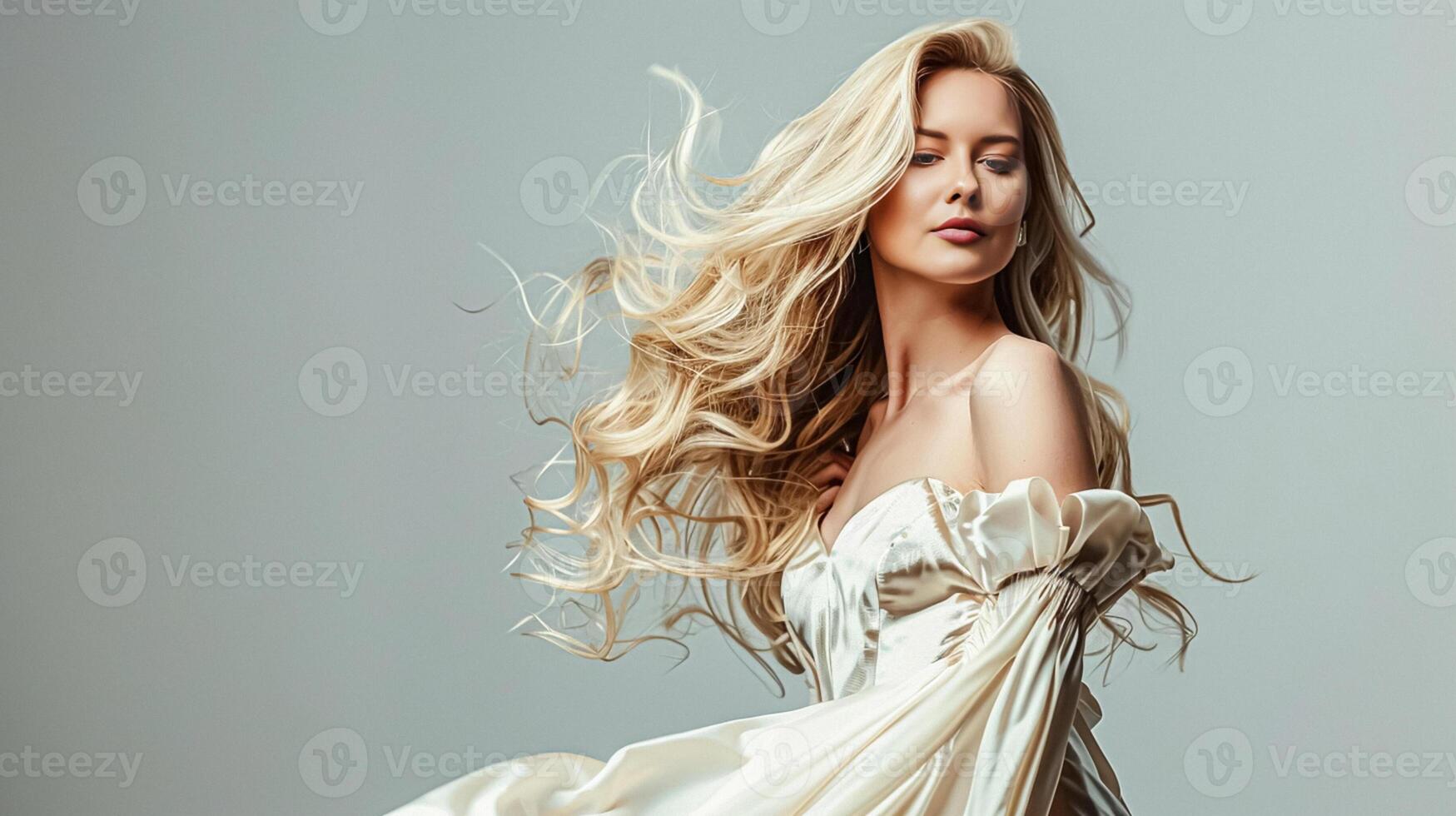 AI generated Blonde model with flowing hair, beauty, fashion look and hairstyle, face portrait of beautiful woman, for skincare cosmetics, hair care, glamour style photo