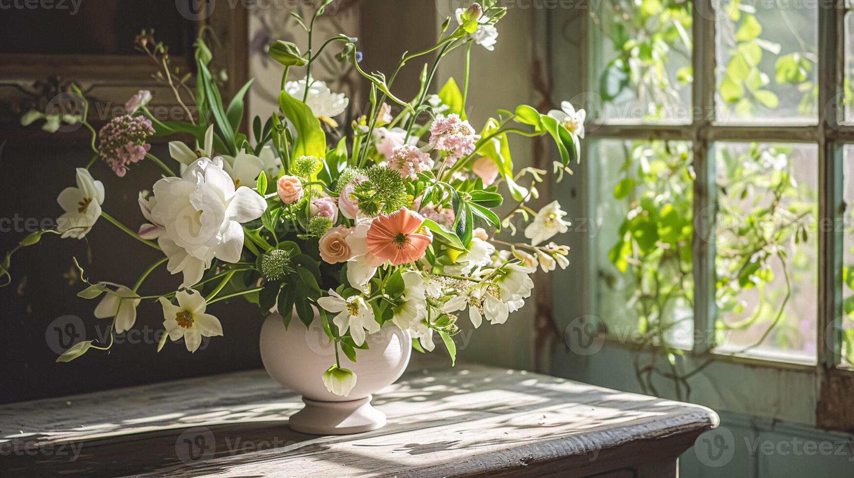 AI generated Spring flowers in vintage vase, beautiful floral arrangement, home decor, wedding and florist design photo