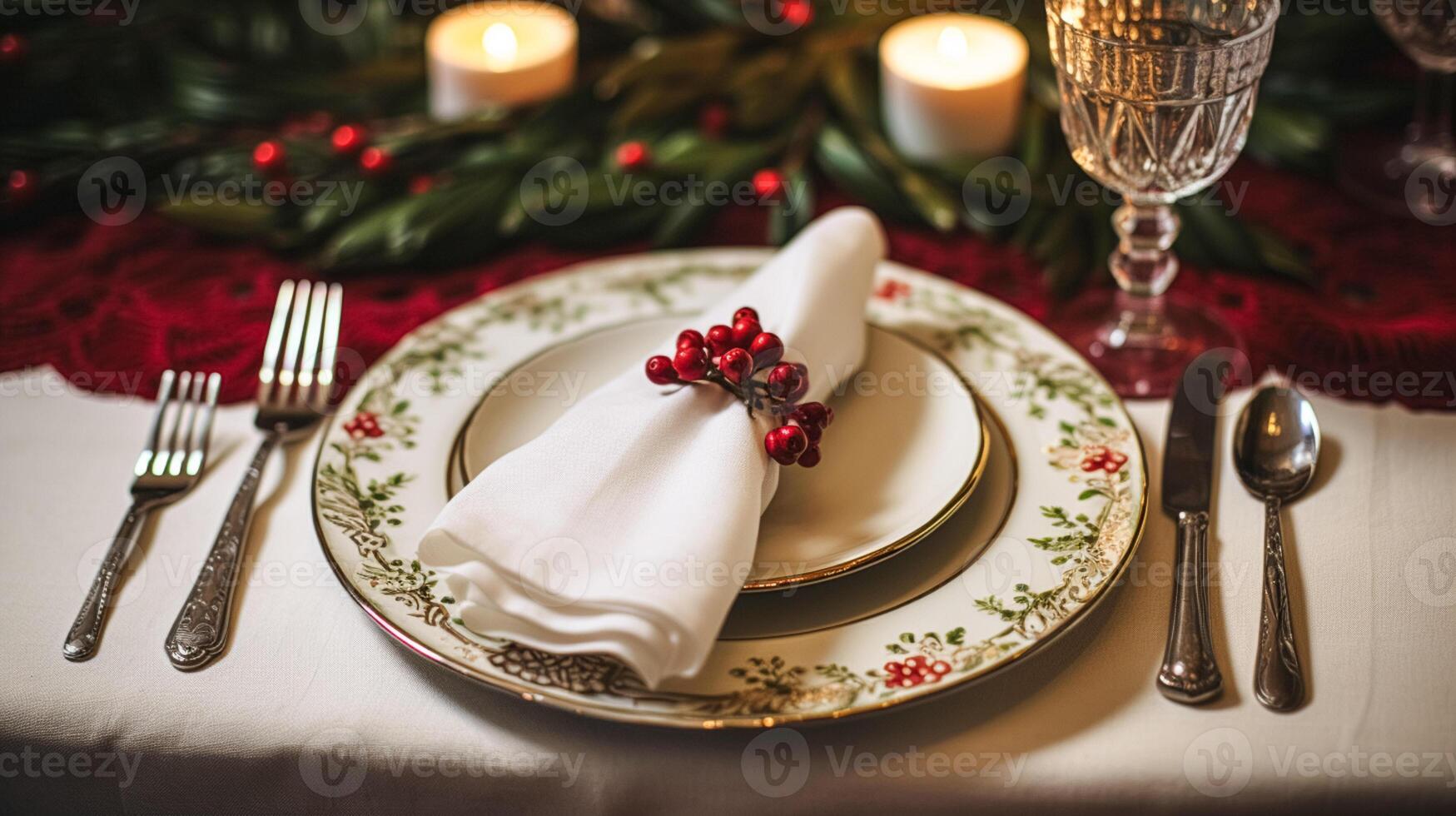 AI generated Holiday table decor, Christmas holidays celebration, tablescape and dinner table setting, English country decoration and home styling photo