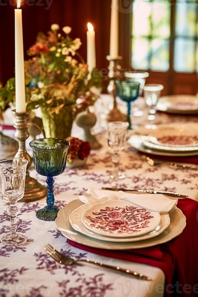 AI generated Autumnal holiday tablescape, formal dinner table setting, classic festive table scape with decoration for wedding party and event celebration, generative ai photo