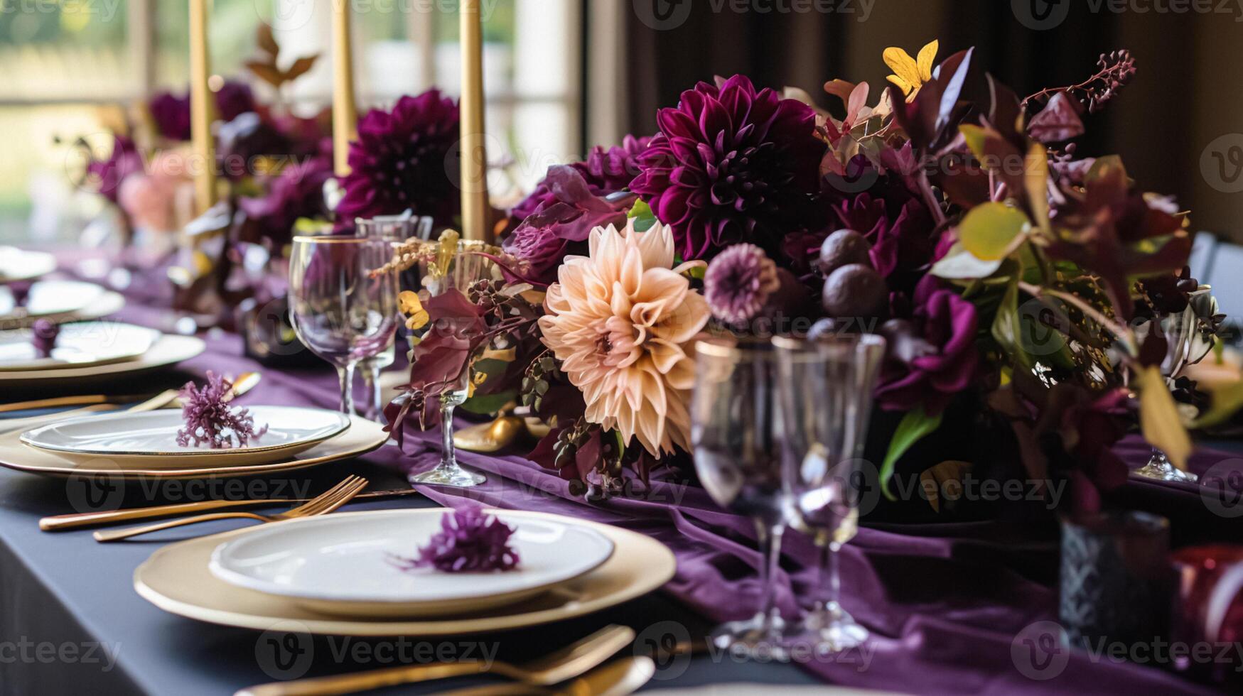 AI generated Dinner table setting in the warm glow of candlelight, tablescape featuring floral centerpiece, elegant burgundy glassware, and luxurious gold cutlery photo