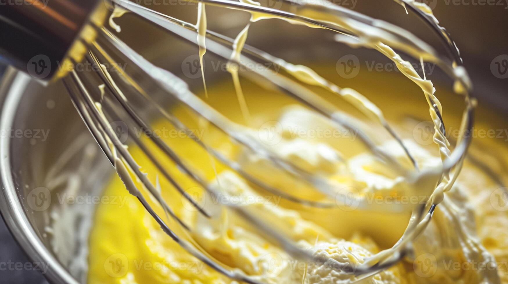 AI generated Whisk in bowl with creamy yellow batter, butter or custard, homemade baking and traditional food, country life photo