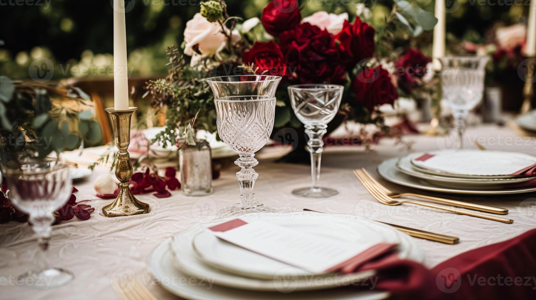 AI generated Wedding and event celebration tablescape with flowers, formal dinner table setting with roses and wine, elegant floral table decor for dinner party and holiday decoration, home styling photo