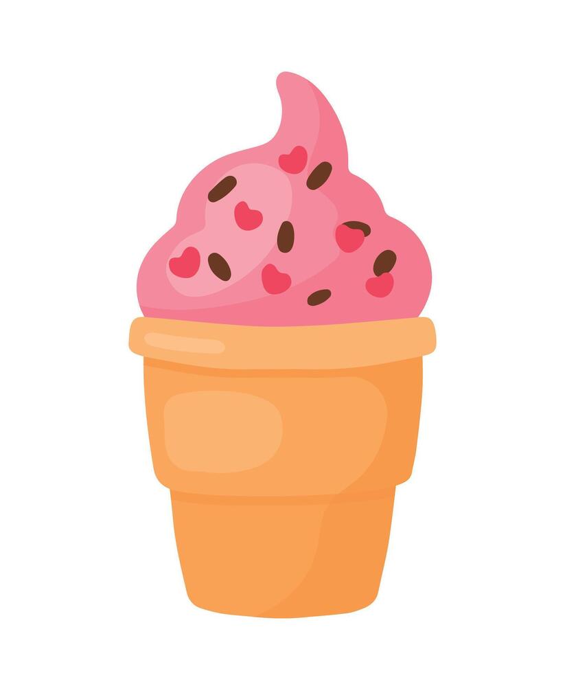 Strawberry Ice Cream Cone with Heart Sprinkles for Dessert Food and Drink in Cute Cartoon Vector Illustration