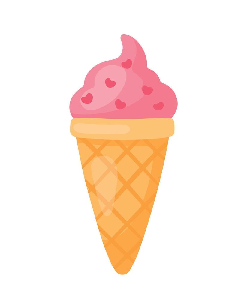 Strawberry Ice Cream with Heart Sprinkles for Valentines Food and Drink in Cute Cartoon Vector Illustration