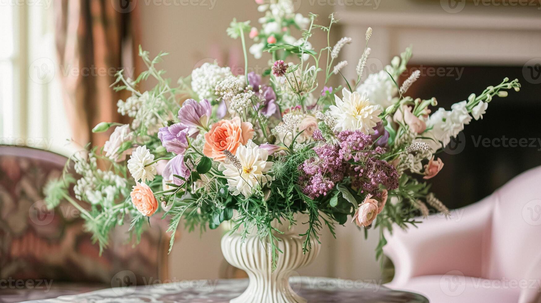 AI generated Spring flowers in vintage vase, beautiful floral arrangement, home decor, wedding and florist design photo