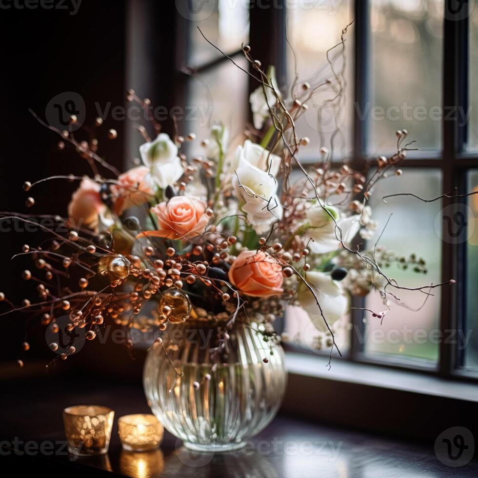 AI generated Floral arrangement with winter, autumn or early spring botanical plants and flowers photo