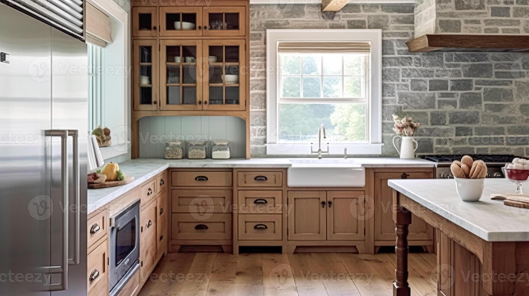 AI generated Cottage kitchen decor, interior design and country house, wooden in frame kitchen cabinetry, sink, stove and stone countertop, English countryside style photo