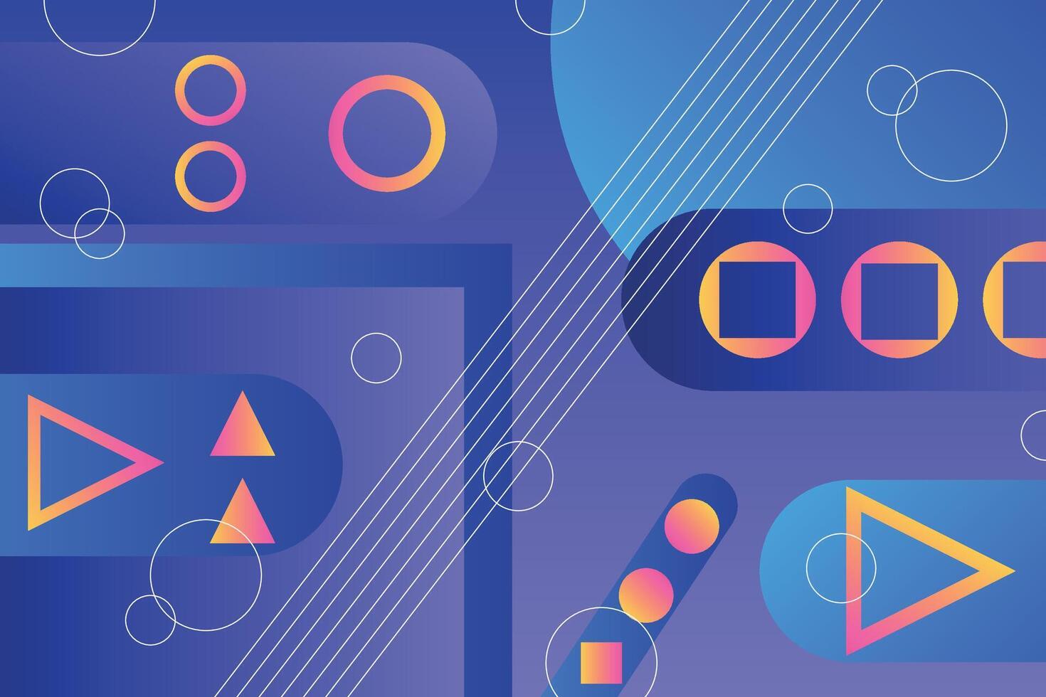 Geometric blue background with pink and yellow gradient elements. The composition combines various triangle, ellipse and square shapes, lines and colors vector