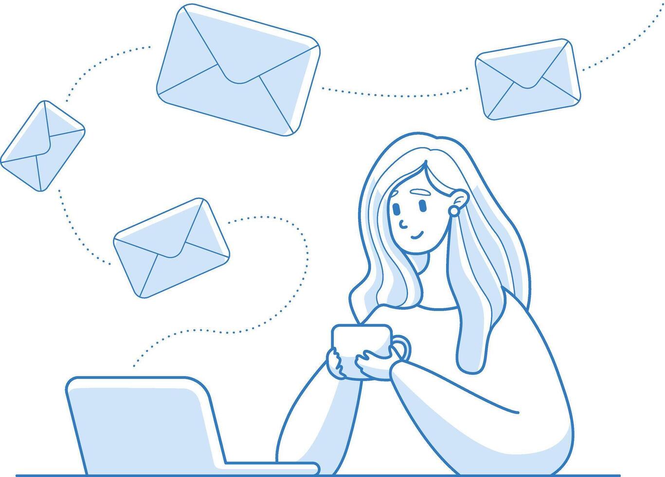 Woman sitting behind a laptop, surrounded by a flurry of letters line art isolated on white background vector