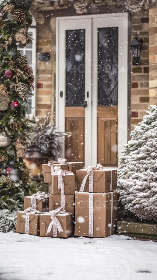 AI generated Christmas gifts delivery, postal service and holiday presents online shopping, wrapped parcel boxes on a country house doorstep in a snowing winter, generative ai photo
