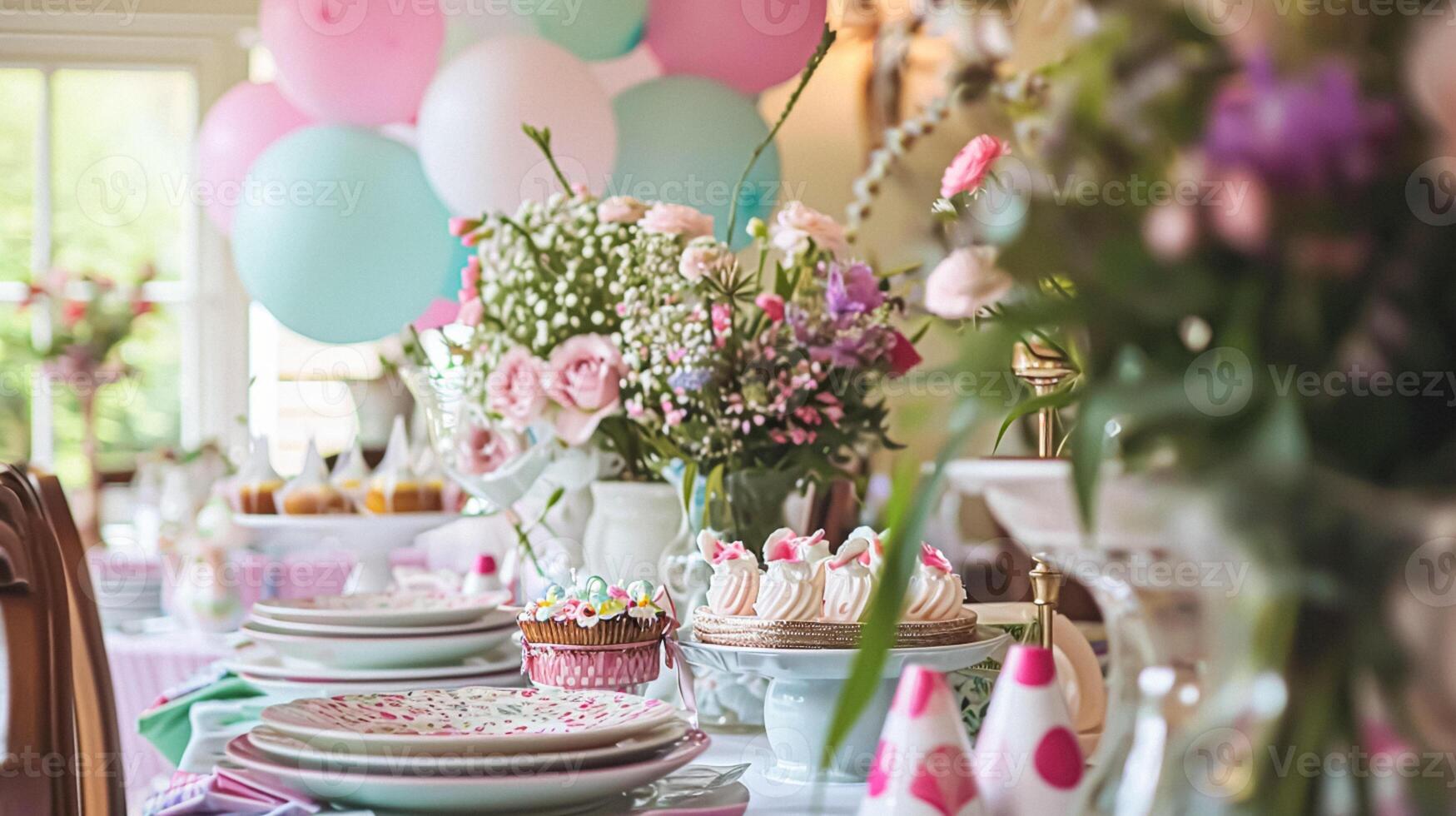 AI generated Birthday tablescape or candy bar with sweets, Birthday cake and cupcakes, beautiful party celebration photo