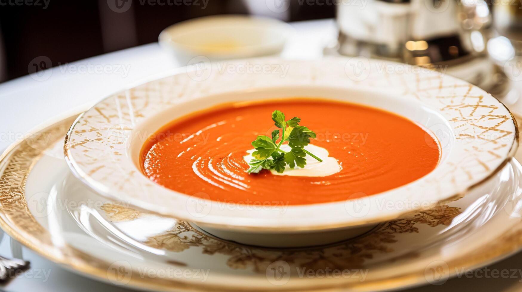 AI generated Tomato cream soup in a restaurant, English countryside exquisite cuisine menu, culinary art food and fine dining photo