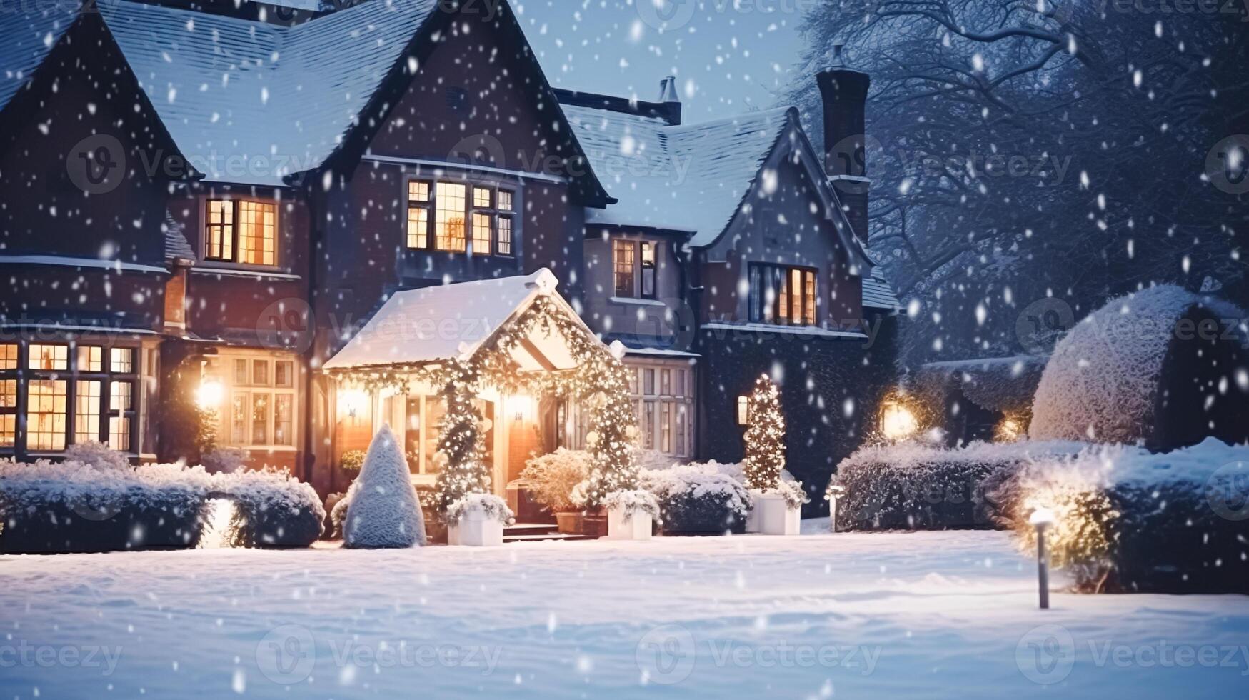 ai generado Navidad en el campo señorío, Inglés país casa mansión decorado para Días festivos en un Nevado invierno noche con nieve y fiesta luces, alegre Navidad y contento Días festivos foto