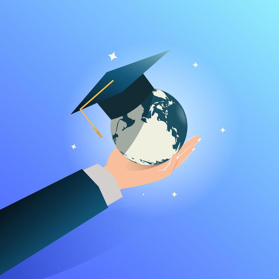 tierra globo con graduación gorra en mano diseño vector