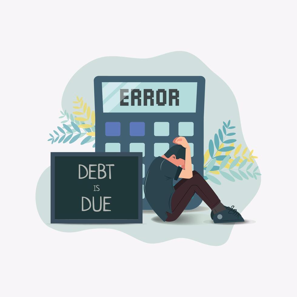 Depressed man with calculator, debt is due concept design vector illustration