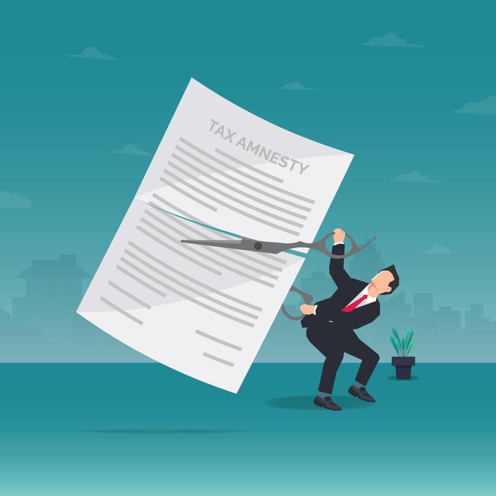 Tax amnesty with businessman cutting the tax paper with scissor design vector illustration