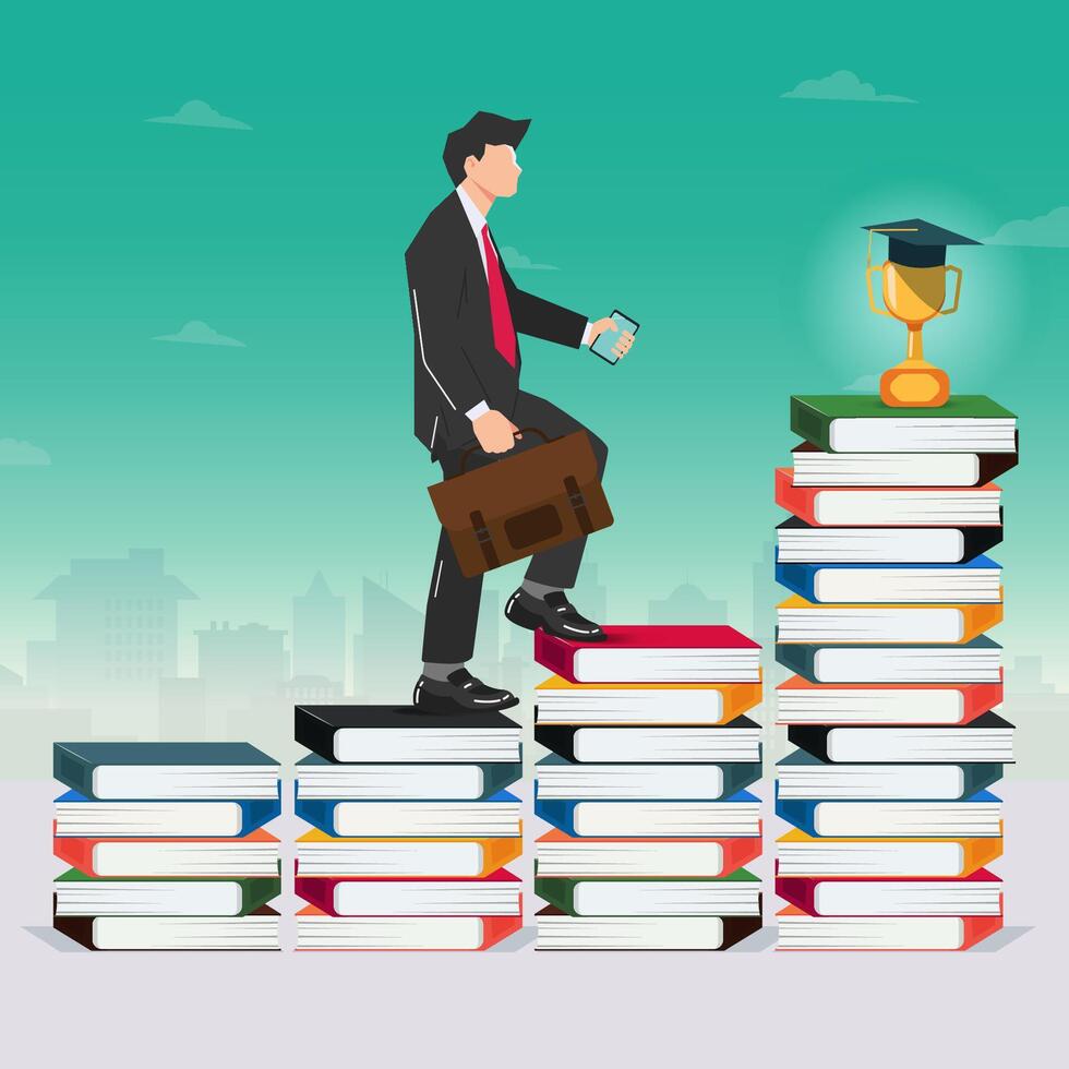 businessman step up the books stack and trophy with graduation cap vector