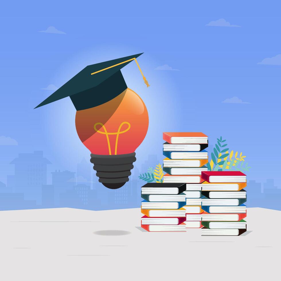 Light bulb with graduation cap and books stack vector