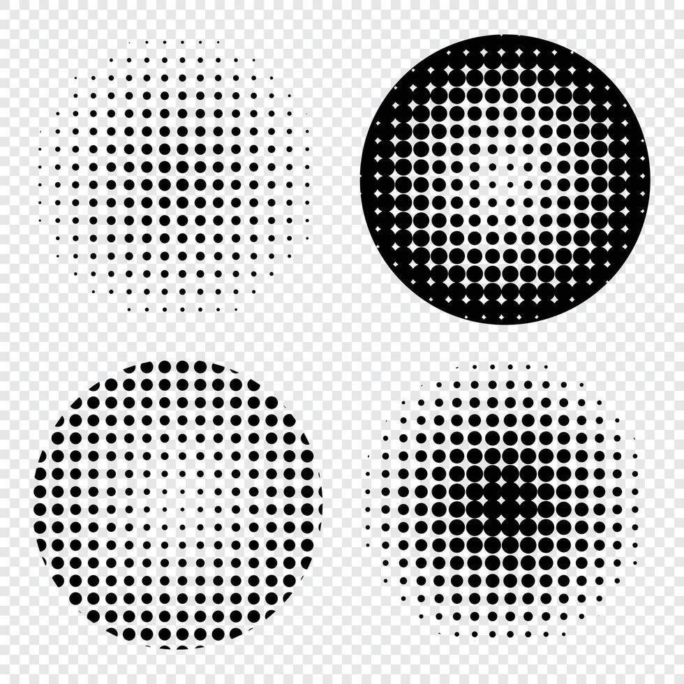 Set of abstract halftone design elements. Set of black halftone dots. Circle halftone. Abstract dotted circles vector